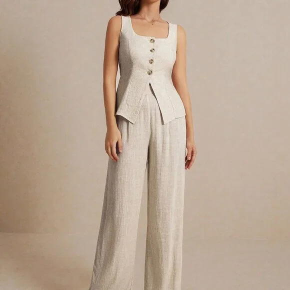 Khaki Casual Women's Summer Linen Color Linen Suit Vest Two-Piece Set - Picture 3 of 7